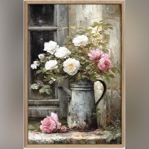 Rustic Farmhouse Botanical Vintage Oil Painting - Wood Framed Canvas (18”x24”)